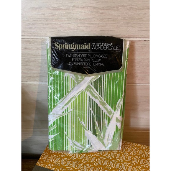 New Deadstock Vintage Springmaid Green Bamboo Stripe Twin Sheets and Pillowcases - Picture 4 of 6